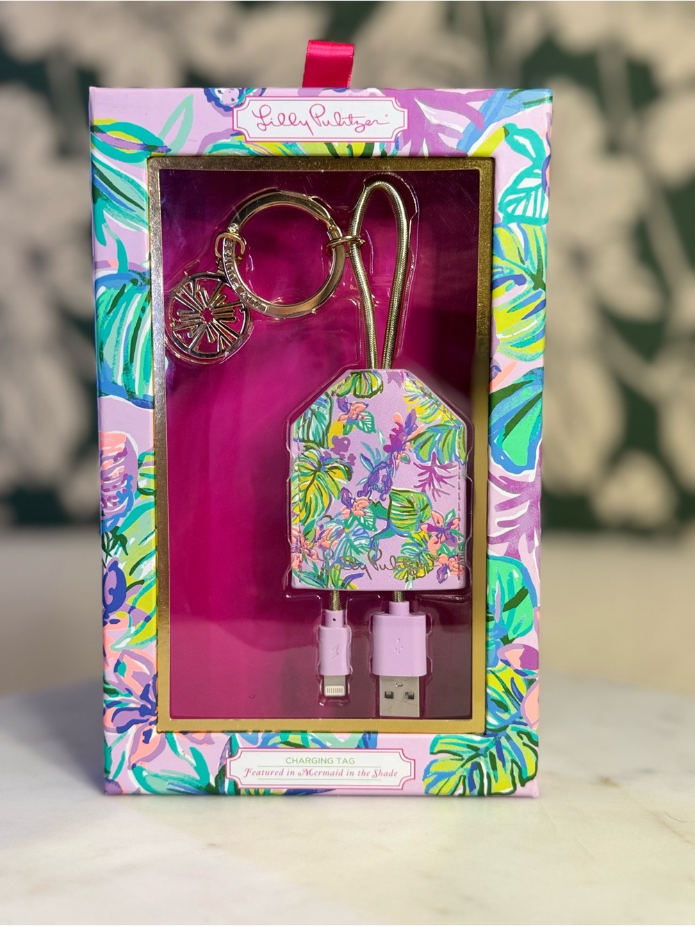 Lilly Pulitzer Pink Floral Charging Tag Keychain for Cell Phones NWT